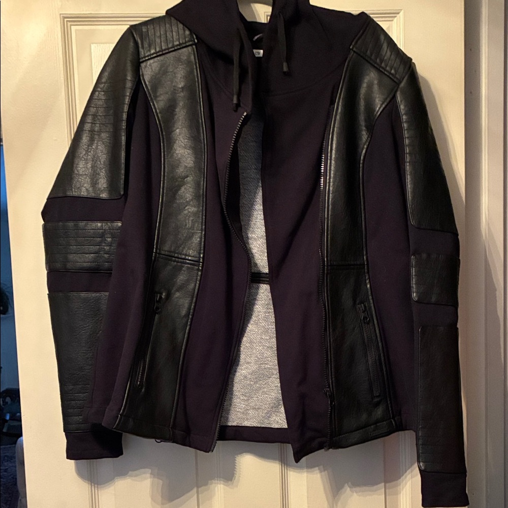 Blanc Noir Black Leather Jacket with Hood